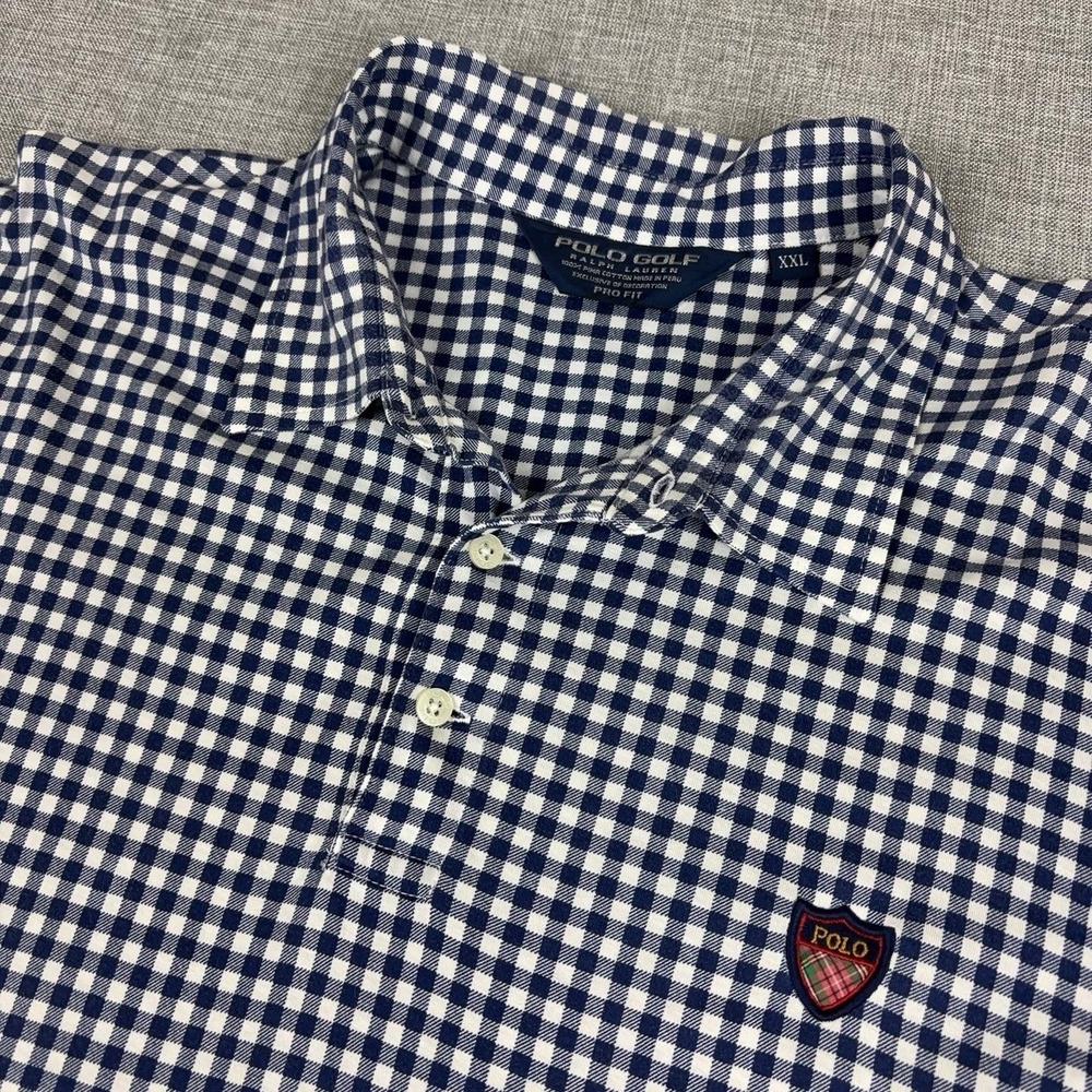 Vintage Ralph Lauren Polo Shirt Mens 2XL Blue Gingham Pima Cotton Golf Pro Fit